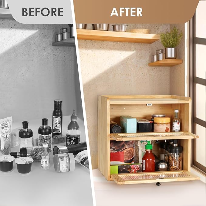Sunhoo Bread Box for Kitchen Countertop Wooden Bread Storage Container Bin 2 Layer Breadbox Holder Large Capacity Keeper Vintage Farmhouse Food Organizer Pantry Shelf Acrylic Windowï¼Wood colorï¼