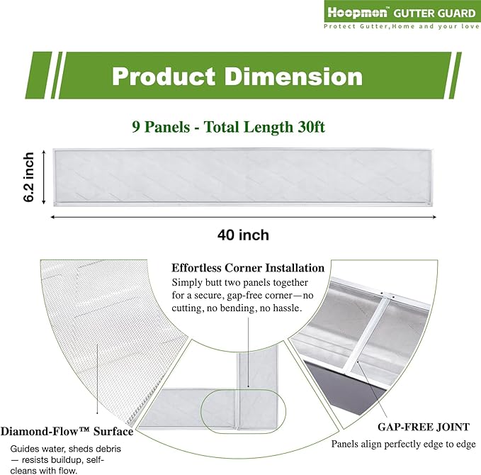 Gutter Guard â 100% Stainless-Steel Micro-Mesh Design, Pine Needle & Small Debris Protection, Fits 6 in KâStyle & HalfâRound Gutters, DIY Screws Included (30ft, 9pcs, 6in x 40in)