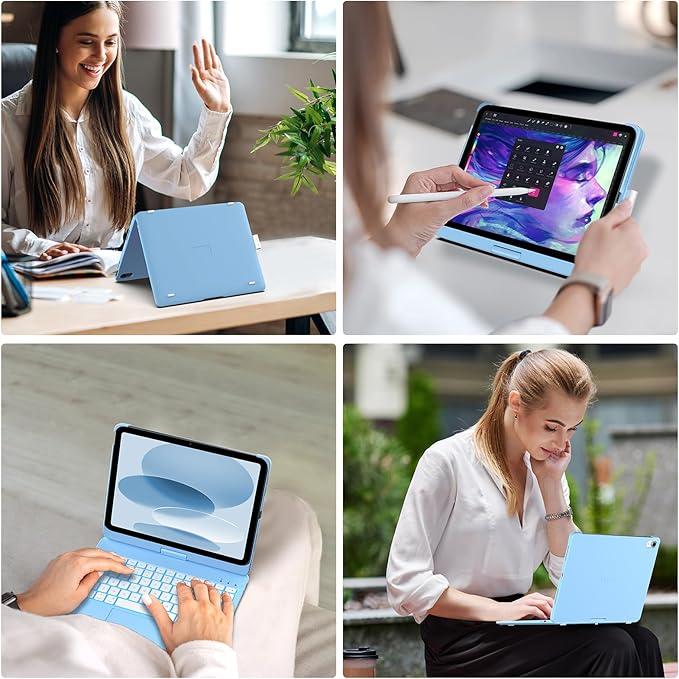 typecase Touch iPad 11th 10th Generation Case with Keyboard (11" 2025, A16 & 10.9" 2022) – 360° Rotatable, 11-Color Backlit, Multi-Touch Trackpad, Pencil Holder, Thin & Light – Sky Blue