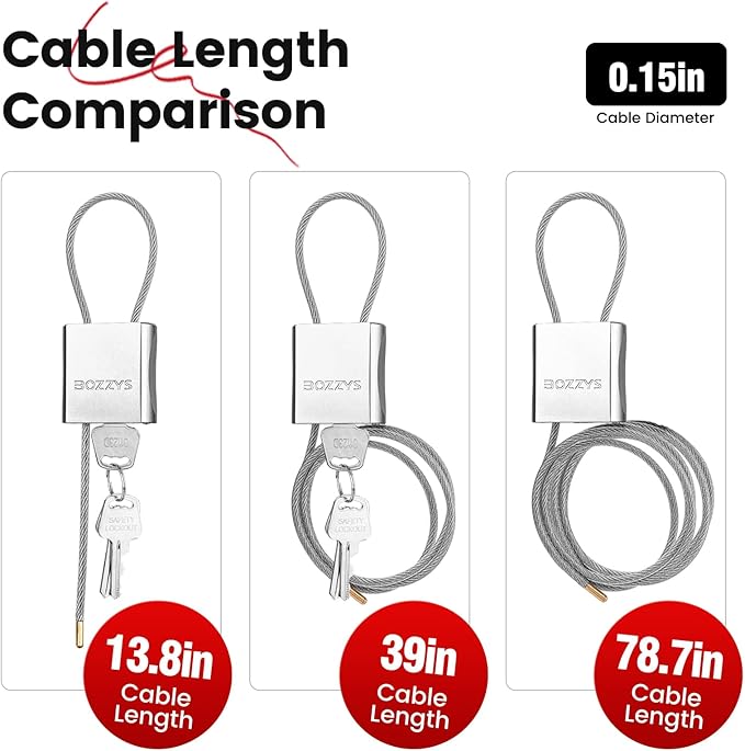BOZZYS Cable Lock with 3 Keys | L 3.28ft(1m),D 1/6in(4mm) Adjustable Steel Cable Padlock | Aluminum Locks for Bikes, Gate, Lockers & Outdoor Gear | Weatherproof& Silver