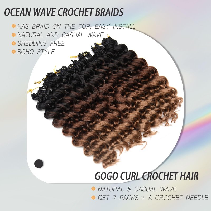 Pre Looped GoGo Curl Crochet Hair Ocean Wave Crochet Braids for Women 12 Inch Ombre Brown Blonde Curly Hair Crochet Deep Water Wave Beach Curl Synthetic Braiding Hair Extensions 7 Packs 1B/30/27