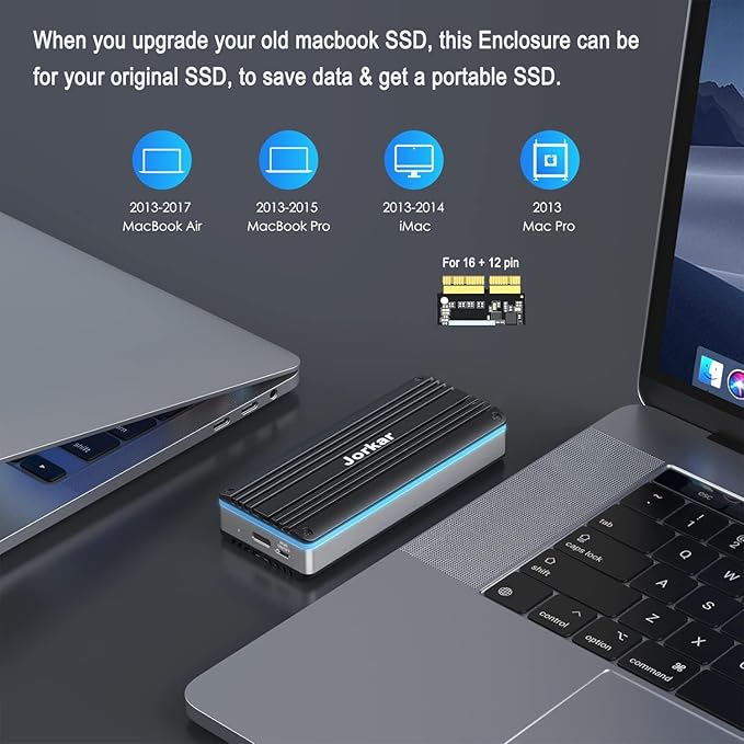Jorkar External SSD Enclosure USB-C 3.2 for 12+16 Pin MacBook SSD, Hard Drive Reader for A1466 A1465 A1502 A1398 SSDs Mac Air/Pro mid 2013-2017, Portable Aluminum SSDs Case with Indicator