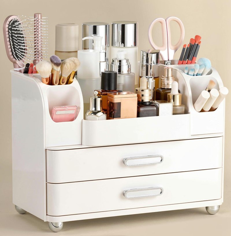 Dozesheep Large Makeup Organizer Countertop with Drawers, Make Up Organizer for Vanity, Makeup Storage Organizer Countertop Makeup Organizers for Skincare, All White
