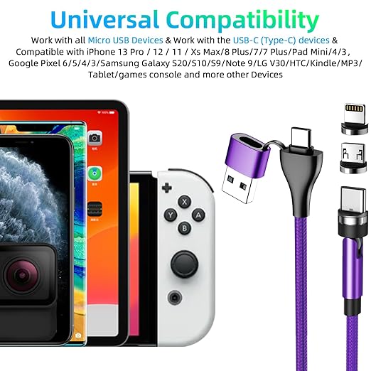 Ankndo 5-in-1 Magnetic Charging Cable, 540° Rotation Magnetic Phone Charger [4-Pack, 3ft/3ft/6ft/10ft] USB A/Type C Fast Charging Charger Cable for iproduct/Micro USB/USB C Devices-Purple