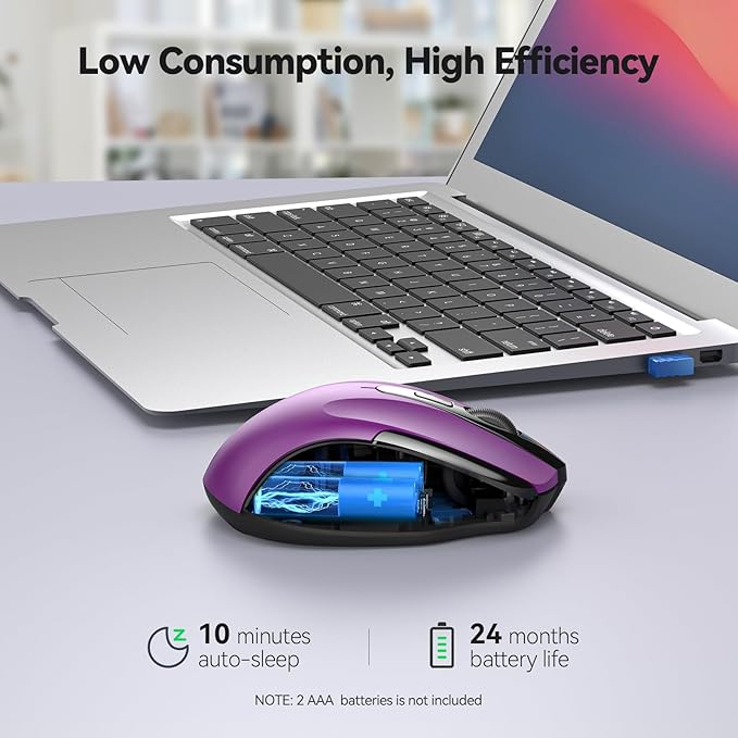 TECKNET Wireless Mouse, 2.4G Ergonomic Optical Mouse, Computer Mouse for Laptop, PC, Computer, Chromebook, Notebook, 6 Buttons, 24 Months Battery Life, 2600 DPI, 5 Adjustment Levels - Purple