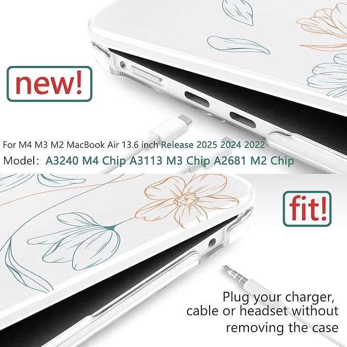 TWOLSKOO Compatible with MacBook Air 13 inch Case M5 2026 M4 2025 M3 M2 2024-2022 A3449 A3240 A3113 A2681, Plastic Hard Shell & Keyboard Cover for MacBook Air 13.6 inch Case, Engraved Floral