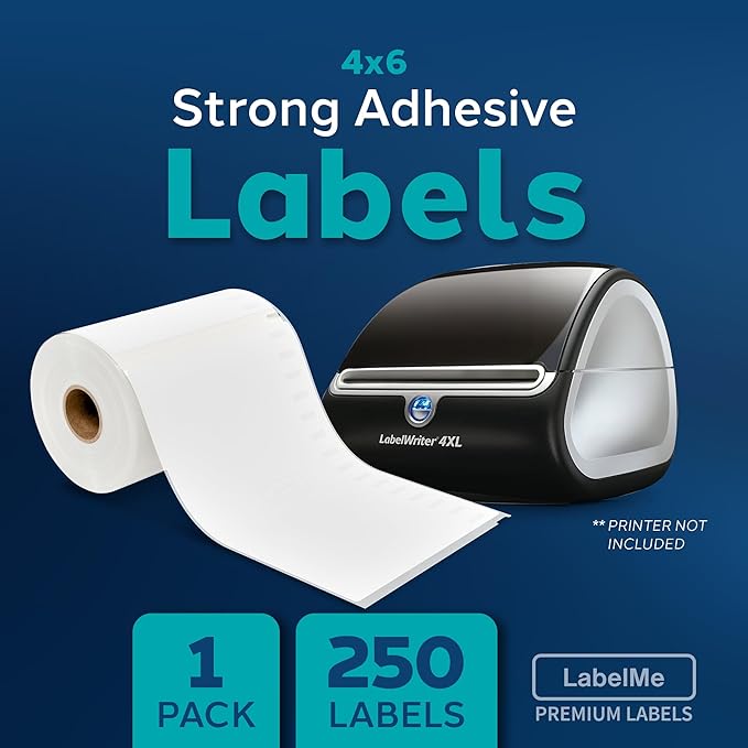 LabelMe 4x6 Thermal Labels Roll - Compatible with Dymo 4XL or Rollo 4x6, Perforated Strong Adhesive, Replaces Dymo 1744907, 250 Per Roll