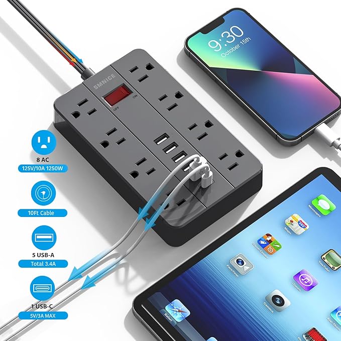10 Ft Extension Cord Power Strip, SMNICE 8 Widely Spaced Outlets and 6 USB (1 USB C) Charging Ports Flat Plug Power Strip, Desktop Power Cord for Travel Home Office Accessories Black