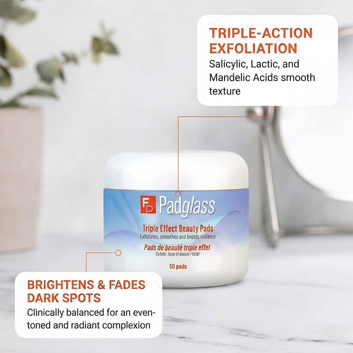 FrenchPharmacy Padglass Bright Beauty Peeling Pads – Triple Acid Exfoliator with Salicylic, Lactic & Mandelic Acids – Targets Dark Spots, Fine Lines, Uneven Texture – 50 Pads