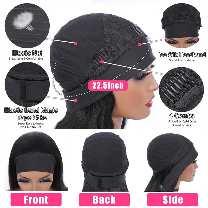 Headband Wig Human Hair Body Wave Headband Wigs None Lace Front Half Wig Glueless Virgin Brazilian Body Wave Machine Made Wigs for Black Women Brazilian Virgin Human Hair 16 Inch Natural Color
