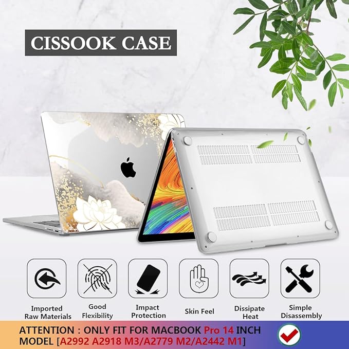 CISSOOK Compatible with MacBook Pro 14 inch Case 2026-2021 Release Model: M5 A3434 M4 A3112 A3185 A3401 M3 A2992 A2918 M2 A2779 A2442 M1 Pro/Max, Lotus Hard Shell Case for MacBook Pro 14