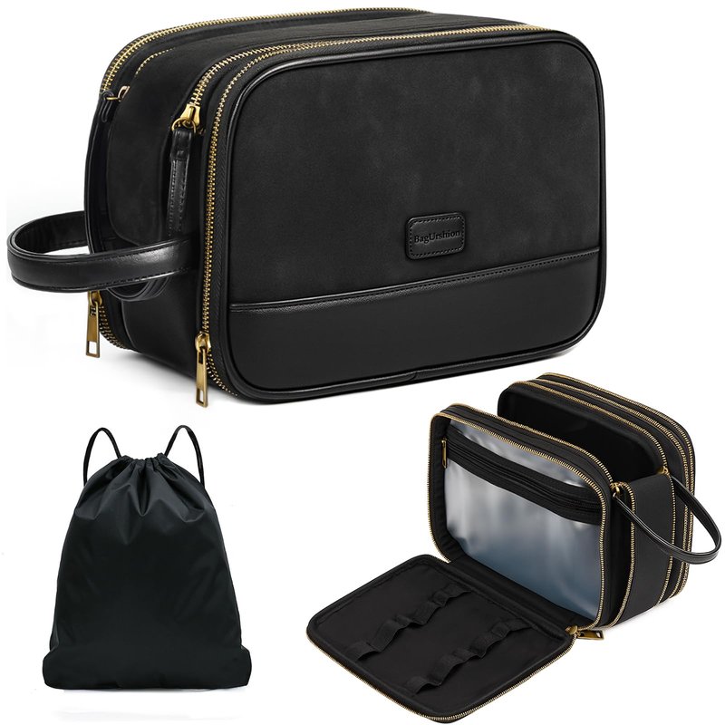 BagUrshion Toiletry Bag for Men,Travel Toiletries Bag Mens,Pu Leather Shaving Bag for Toiletries Accessories,Extra Large Traveling Essentials,Water Resistant Organizer (Black)