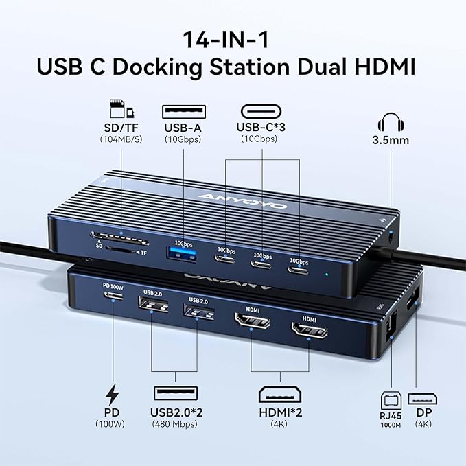ANYOYO USB C Docking Station Dual Monitor, 14 in 1 Docking Station 3 Monitors with 2 * 4K HDMI, DP, 5*USB-A/C 10Gbps Ports, Ethernet, SD/TF,100W PD, Hub Multiport Adapter for HP/Dell/Lenovo