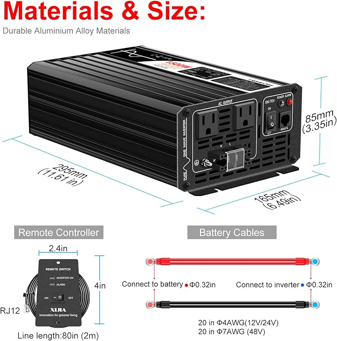 Xijia 1500W Power Inverter，36V to 120V Pure Sine Wave Inverter，Surge 3000W Solar Converter for Home Backup Solar Systems ，with Remote Control for Truck
