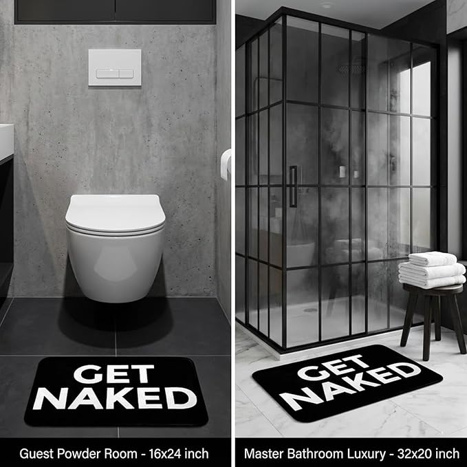 Black Get Naked Memory Foam Bath Mat 32x20 Inch, Funny Bathroom Rugs, Cute Dorm, Apartment Decor, Soft Non Slip Absorbent Mats for Shower, Vanity