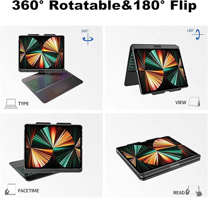 360° Rotatable Keyboard Case for iPad Air 13-inch (M4/M3/M2, 2026/2025/2024)/Pro 12.9 (6th/5th/4th/3rd Gen) with TouchPad, Flip Smart Case with Backlits Trackpad Keyboard, Black
