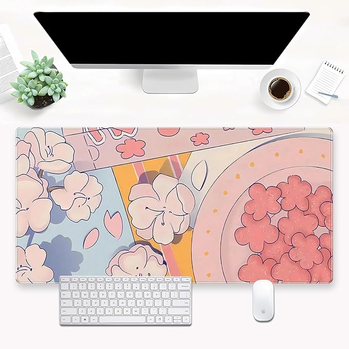 Pink Sakura Desk Mat, Kawaii Floral XXL Large Gaming Mouse Pad