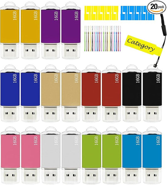 16GB USB Flash Drive 20 Pack Nicepicten FAT32 USB Thumb Drive Memory Stick Jump Zip Drive USB 2.0 Flash Drives 16GB with Lanyard & Label (Mixcolor)