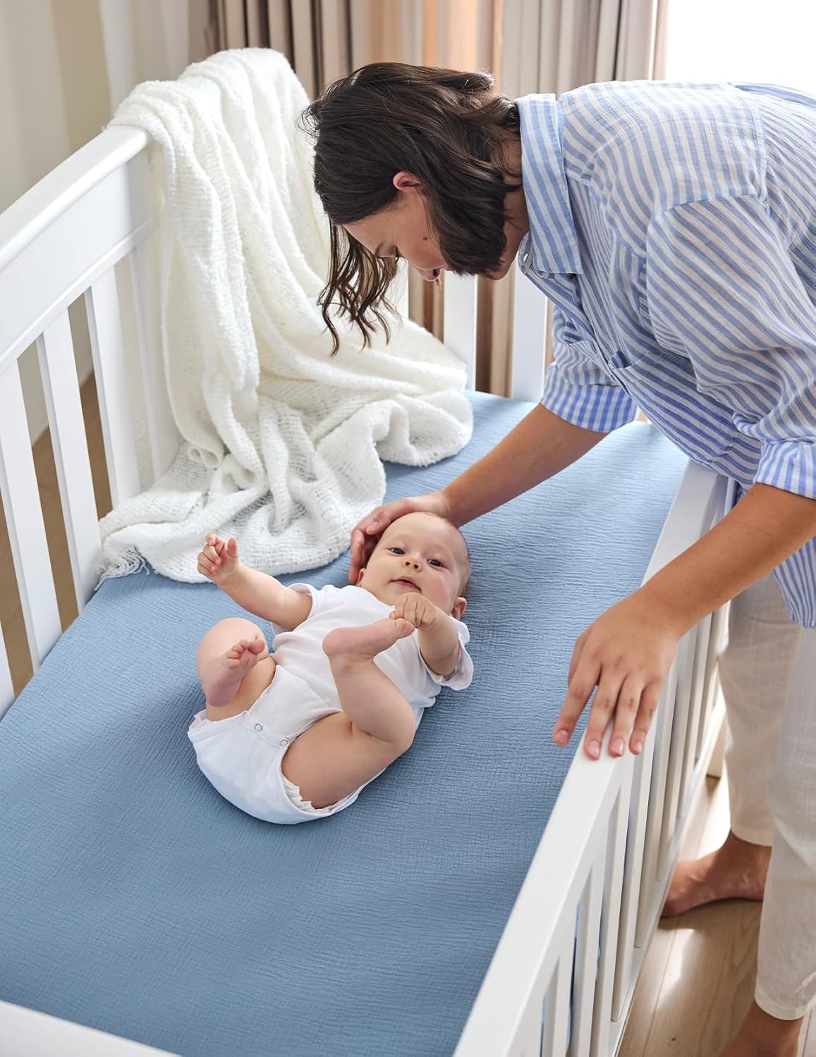 Momcozy Fitted Crib Sheets - Soft Breathable Natural Cotton, 2 Pack, 52"x28", Blue Star Moon Design