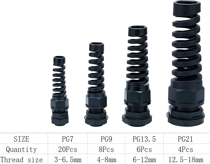 Aandxmok 38 Pcs Cable Gland, PG7、PG9、PG13.5、PG21 Thread, Made of PA66 Material, High Wear Resistance and Chemical Resistance, Suitable for Various Electrical Installations