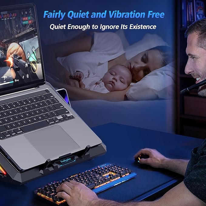 Trullypine Laptop Cooling Pad with 12 Quiet Fans, Slim Portable for 12-17.3 Inch Laptop Cooler Stand with 5 Height Adjustable, Ergonomic Gaming Cooling Fan Pad with Two USB Ports & Phone Holder (Gear)