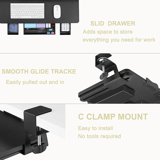 TECLUK Keyboard Tray Under Desk with Drawer,26.77" X 11.81" Keyboard Tray Large Size with C Clamp-on Mount, Easy to Install, Save Space for Office Desk (Black)