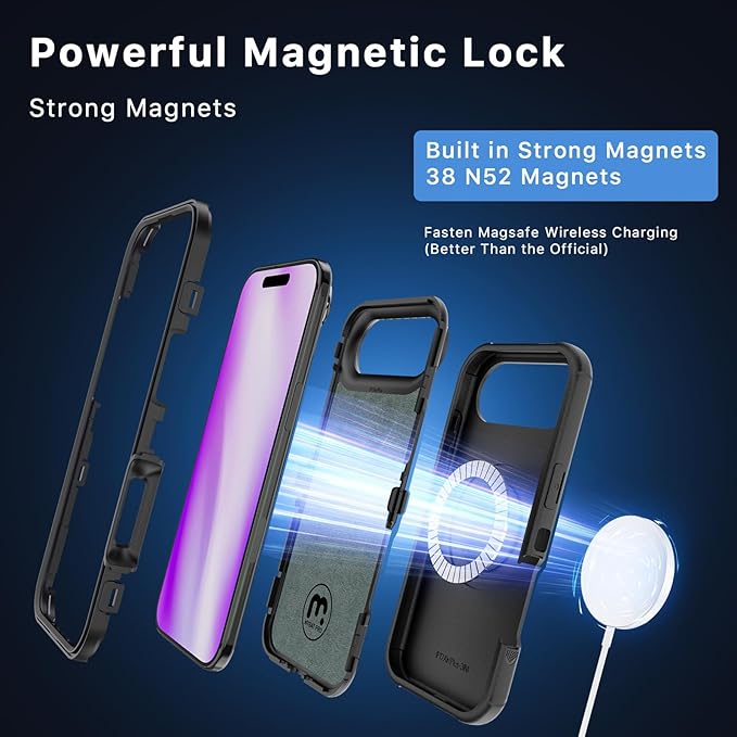 M MYBAT PRO for iPhone Air Case with Belt Clip Holster,[Compatible with Magsafe] w/Screen Protector,Anti-Drop,Shockproof,w 360°Rotating Kickstand,Heavy Duty Protection (Blue) (Black)