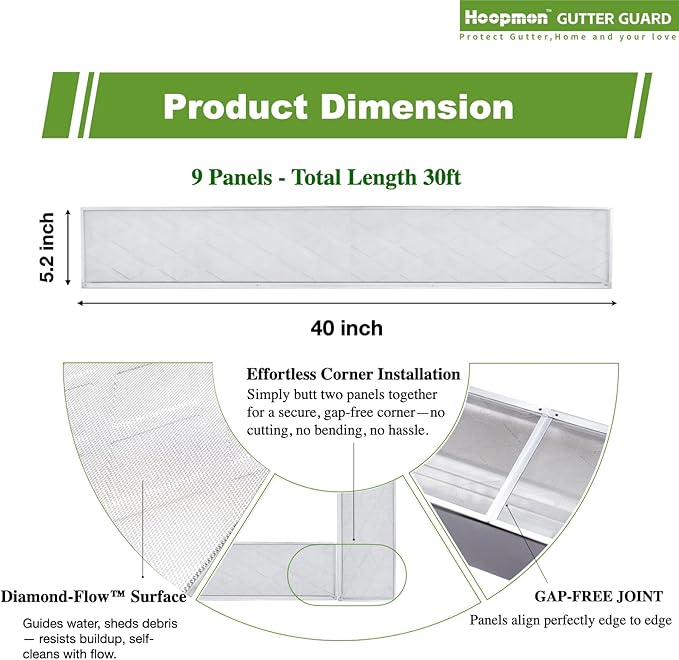 Gutter Guard â 100% Stainless-Steel Micro-Mesh Design, Pine Needle & Small Debris Protection, Fits 5 in KâStyle & HalfâRound Gutters, DIY Screws Included (30ft, 9pcs, 5in x 40in)
