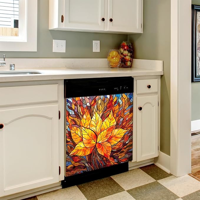 Autumn Gold Glass Leaves Dishwasher Magnet Cover for The Front Magnetic Dishwasher Door Covers Dish Washer Sticker Wrap Home Decorative Appliances Panel Decal Kitchen Decor 23" x 26" (Magnetic)