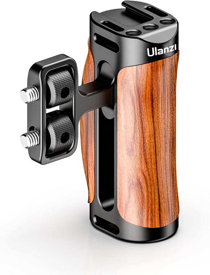 ULANZI R075 Wooden Camera Side Handle,Left & Right Dual Grip with 1/4"-20 + Cold Shoe,Walnut Wood Video Rig Compatible With Mirrorless A7 IV A6700,Canon R6 R50,Run-and-Gun Vlog & Smartphone Cage Mount