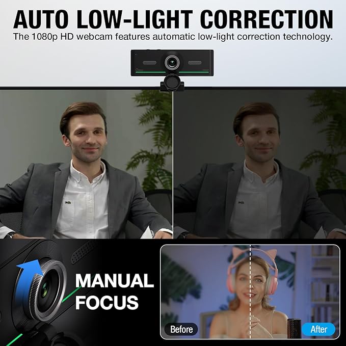 Gsou Webcam with Headset and Microphone, 1080P Webcam with Privacy Cover, Plug and Play Web Camera for Desktop Computer Zoom Meetings, Audio Bluetooth only for Headset