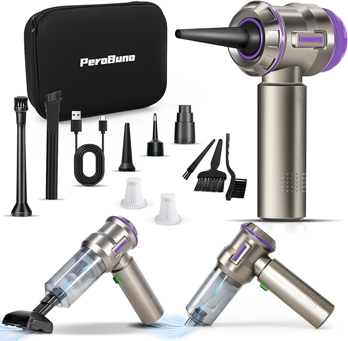 PeroBuno Air Duster for PC, 200000RPM Compressed Air, Mini Vacuum 2-in-1, 35 mins Runtime, Brushless Motor Electric Air Blower with 3 Gear and Rechargeable Battery - Canned Air - Keyboard Cleaner