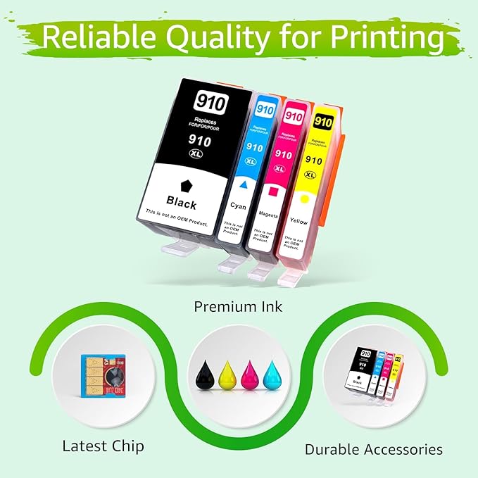 910XL Ink Cartridges for HP Printers Replacement for HP 910XL Ink Cartridges Combo Pack Compatible with OfficeJet 8010 8015 8018 8022 OfficeJet Pro 8020 8030 8025 8028 8035 (BCMY-4 Pack)