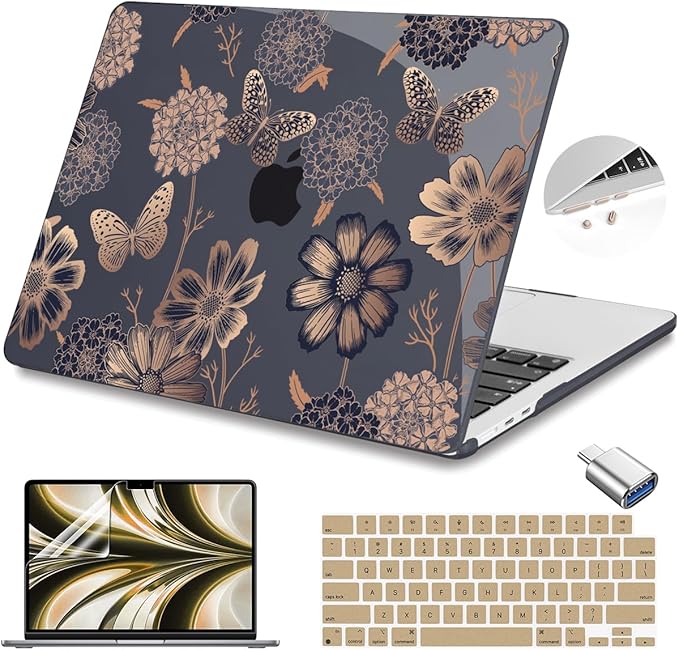 Teryeefi for MacBook Air M2 M3 M4 M5 13.6 Case 2022 2023 2024 2025 2026 Release A2681 A3113 A3240 A3449, Clear Hard Shell with Keyboard Cover & Adapter & Screen Protector, Gold Floral Butterfly