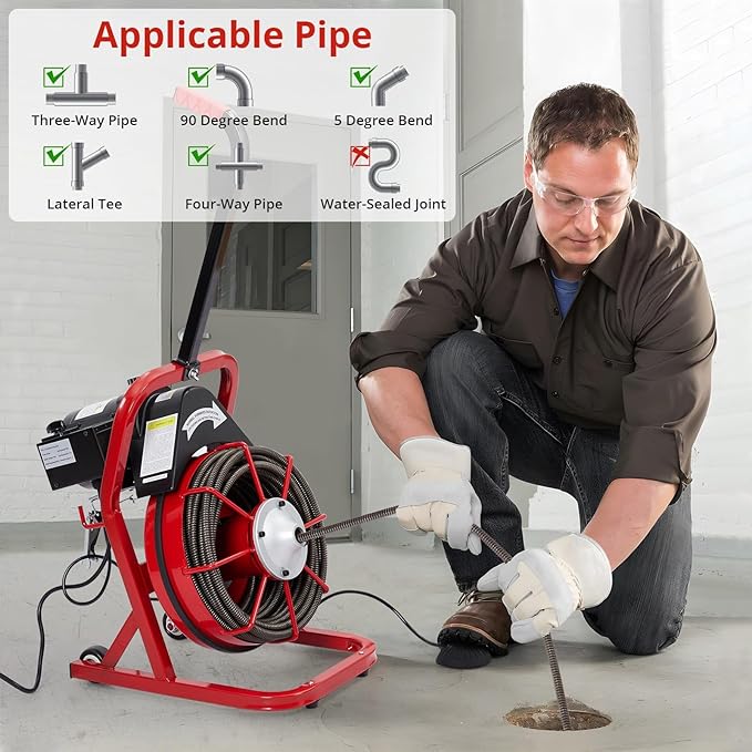 75Ft x 3/8Inch Drain Cleaner Machine, Portable Electric Drain Auger Cleaner with 6 Cutters & Gloves, Drain Cleaning Machine Fits 1" to 4" Pipes