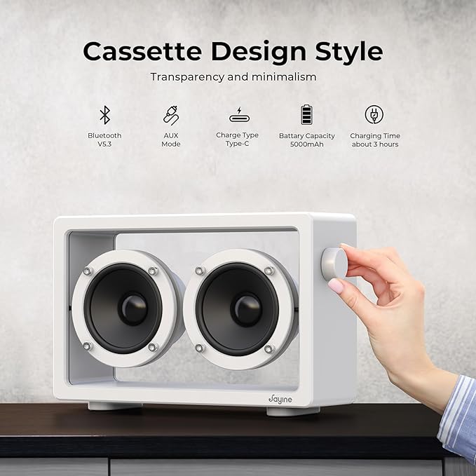 JAYINE Cassette Portable Bluetooth Speaker, 16W Minimalist Speakers Bluetooth Wireless Loud, HD Powerful Sound and Wide Compatibility V5.3 for Indoor Outdoor - White