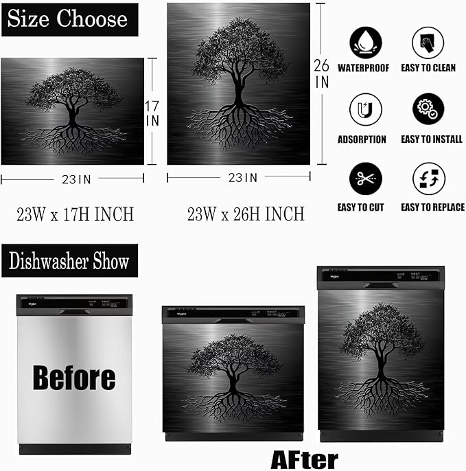 Dishwasher Magnet Cover Black Tree of Life Dishwasher Cover Magnetic Sticker Brushed Stainless Steel Effect Kitchen Appliances Fashion Door Cover Magnet Decor Decal 23" x 26" Magnetic