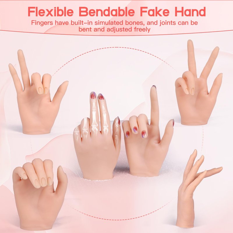 Vnmcry Practice Hand for Acrylic Nails Silicone Fake Hands Mannequin Flexible Bendable Manicure Nail Practice Hand with Stand and 528 Pcs Nail Tips