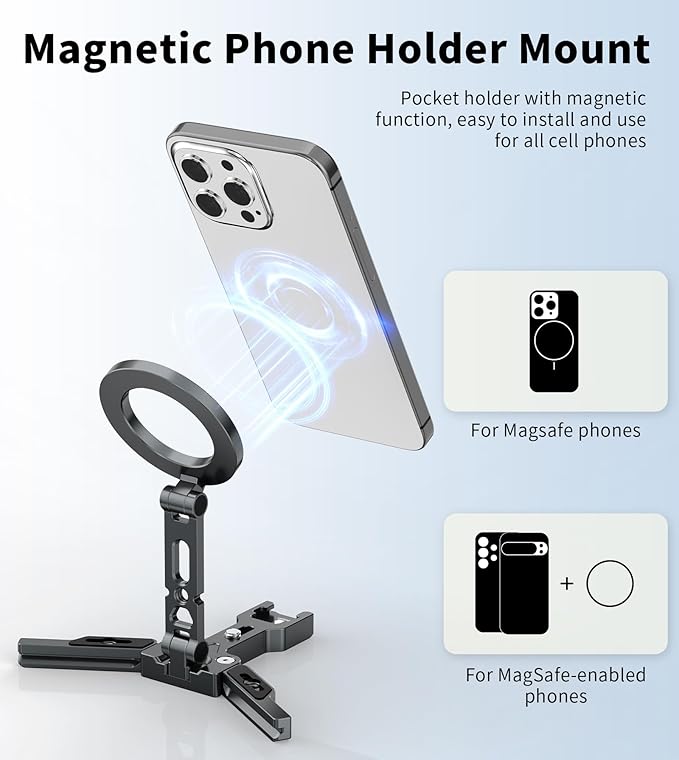 Magnetic Phone Tripod Mount Adapter for MagSafe, Aluminum Foldable Phone Holder with Arca-Swiss & 1/4" Screw Hole, Cold Shoe Mount for Camera, Pocket Mini Selfie Stick Tripod Mount for iPhone/Android