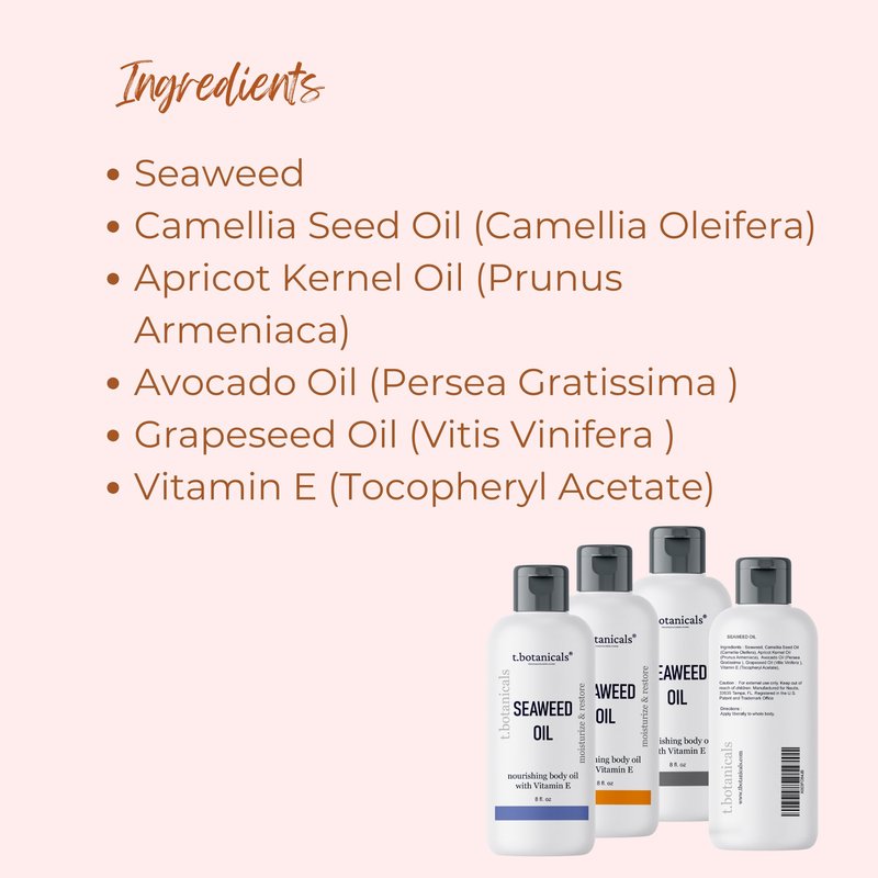 Seaweed Body Oil 8 oz. Nourishing Sea Moss Oil Fast Absorbing Firming Anti-Aging Non-Greasy Oil Day and Night Massage Kelp Moisturizer for Dry Dull, Sagging Skin, Face, Hair, Foot, Hands (Unscented)