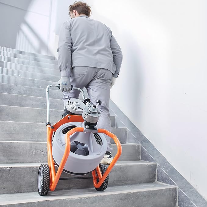 VEVOR Drain Cleaner Machine 75FT x 3/8 Inch, Auto Feed Sewer Snake Drain Auger on Wheels, Portable Drain Cleaning Machine with 8 Cutters & Air-activated Foot Switch for 2" to 4" Pipes