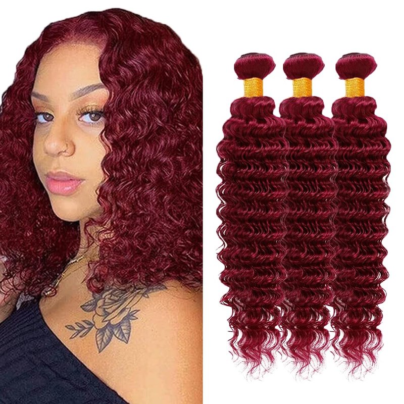 99J Burgundy Deep Wave Human Hair Bundles - 12, 14, 16 Inch Red Hair Extensions