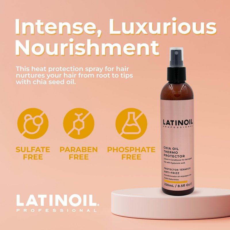 Latinoil - Chia Hair Heat Protectant Spray, Oil for Hair Frizz, Hair Oil Treatment, Leave in Conditioner for Dry Damaged Hair with Chia Seed Oil, Amino acids & Omegas, 250 ml
