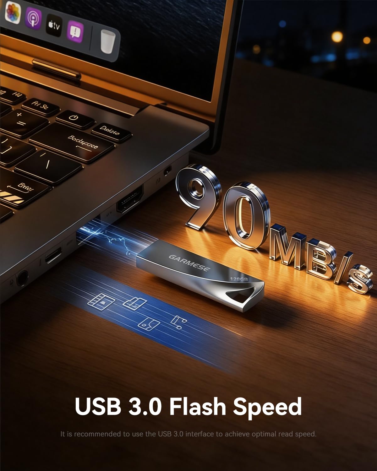 GARMESE 128GB USB 3.0 Flash Drive, Metal Waterproof & Slim Portable Memory Stick with Keychain Hole, Thumb Drive for PC/Laptop/Car/Travel Data Storage - Gray