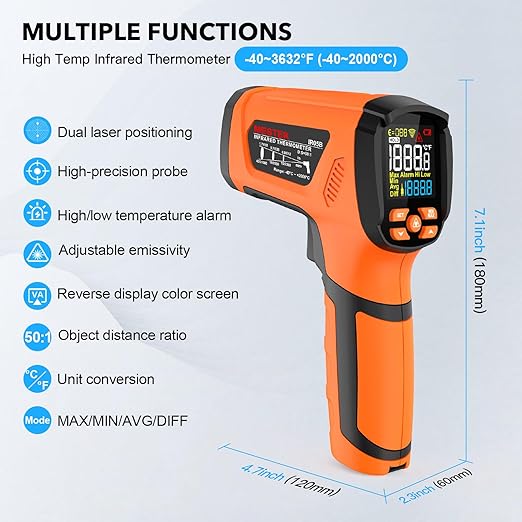 Infrared Thermometer Temperature Gun, -40℉-3632℉, High Temp Thermometer with Thermocouple Probe, Non-Contact 50:1 Pyrometer Dual Laser Thermometer Gun for Engine, Kiln, Forging, Industrial