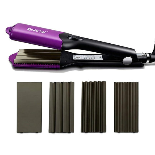 DSHOW 4-in-1 Hair Crimper for Women Crimping Iron for Hair with 8/6/4 Tooth Flat Interchangeable Plates, Titanium Ceramic Coated Tool for Root Lift, 80s Zigzag Texture, 5 Heat 140-220℃, Dual Voltage