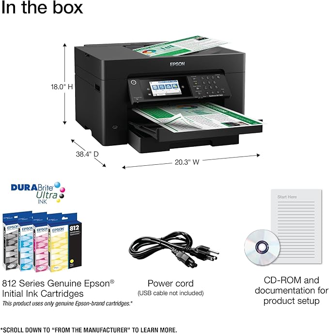 Epson Workforce Pro WF-7820 Wireless Duplex All-in-One Wide-Format Printer, Copier, Scanner, and Fax with 50 Page ADF, 250 Sheet Paper Capacity and Mobile Printing, Black