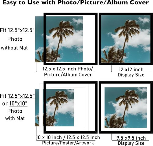 JCJMY 9 Pack Vinyl Record Frames - 12.5x12.5 with 10x10 Mat for Album Cover Display | Black