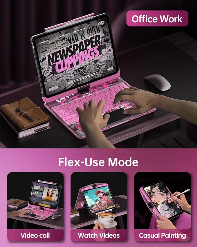 Intermerge Transparent Keyboard Case for iPad Pro 11"(M5,2025/ M4,2024), 360° Rotating Multi-Touch Trackpad, 7-Color Backlit Keyboard, Pencil Holder, Type-C Charging, Blush Pulse