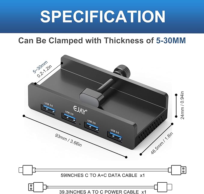 EJAY Clamp USB 3.0 Hub for Desk & Monitor, 4-Port 5Gbps High-Speed Under Desk USB Hub with 59in Extra Long Data Cable, Aluminum Multi Port Splitter for PC, Mac, Laptop, Black